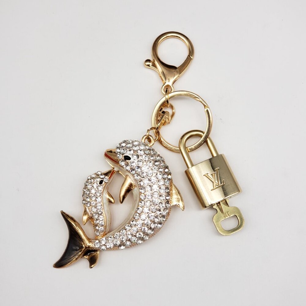 LV Gold Padlock Authentic 🔑 Luxury Bag Charm w/ Unbranded Dolphin Keychain